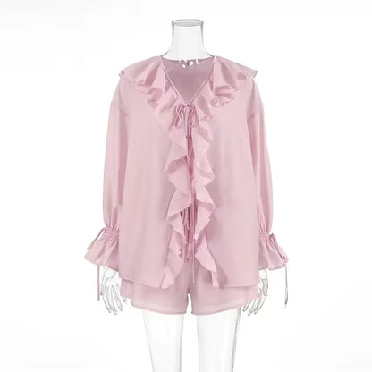 Casual Ruffled Shirt Shorts 2-Piece Set Women V Neck Flare Sleeve Lace-up Loose Blouse Shorts Suit Summer Beach Vacation Outfits