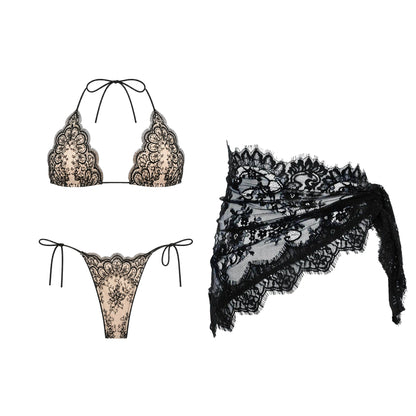 Mesh Bikini with Pants Swimsuit Brazilan Bikini Set Swimwear for Women Lace Halter Shirring 3 Pcs Bathing Suits Summer Female