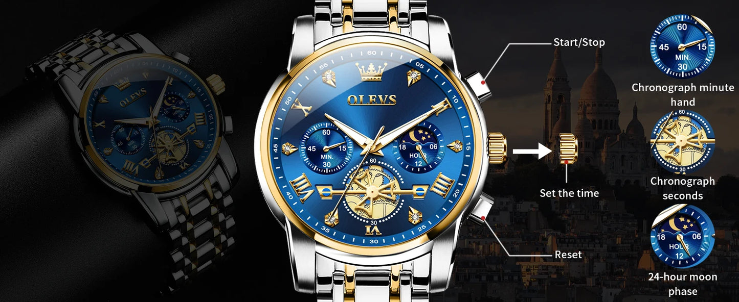 OLEVS 2856 Original Watches Man Multifunctional Chronograph Quartz Watch Waterproof Luminous Moon Phase Watches For Man Reloj