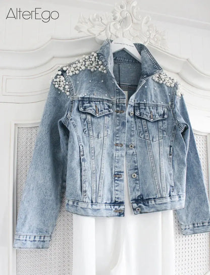 Luxury Jean Jackets Bride Pearl Denim Coat Bridal Pearls Coats Future Denim Outerwear Wedding Women's Clothing 2023 Solid Jacket