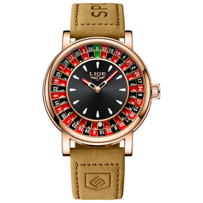 LIGE Quartz Man Watch Fashion Luxury Creative Roulette Game Dial Design Leather Casual Life Waterproof Watches for Men Gifts+Box