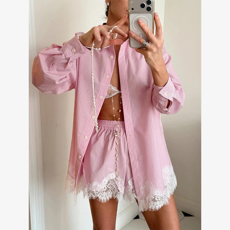 Solid Lapel Lace Patchwork Half Sleeve Shorts Set Women Chic Single Breasted Tops Pockets Pants Suits 2026 Daily Street Outfits