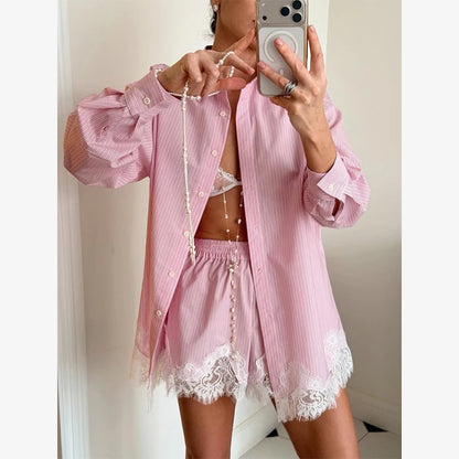 Solid Lapel Lace Patchwork Half Sleeve Shorts Set Women Chic Single Breasted Tops Pockets Pants Suits 2026 Daily Street Outfits