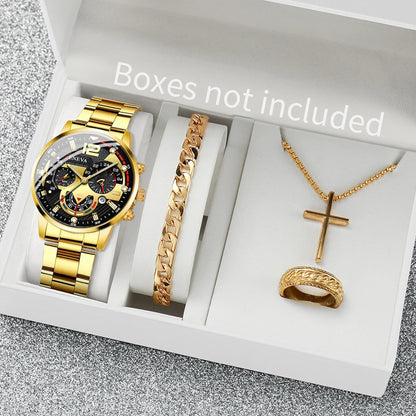 4PCS Men Business Watches Fashion Steel Band Analog Male's Quartz Watch Jewelry Set Relogio Masculino Clock Gift（Without Box）