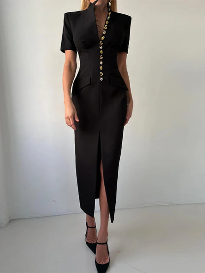 Women's High Neck Bodycon Midi Dress Short Sleeve Gold Button Split Hem Dresses 2026 Female Elegant Formal Evening Party Robe
