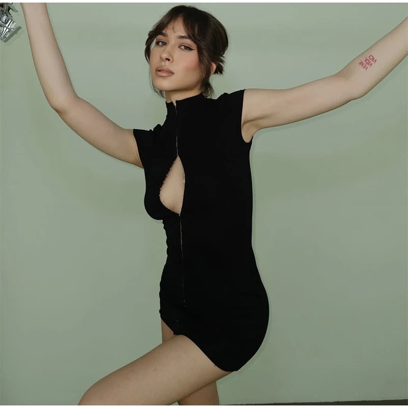 Black Hollow Out Kpop Mini Dress Women Elegant Turtleneck Short Sleeve High Waist Slim Dresses 2026 Lady Party Club Robes