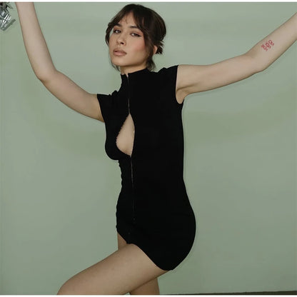 Black Hollow Out Kpop Mini Dress Women Elegant Turtleneck Short Sleeve High Waist Slim Dresses 2026 Lady Party Club Robes