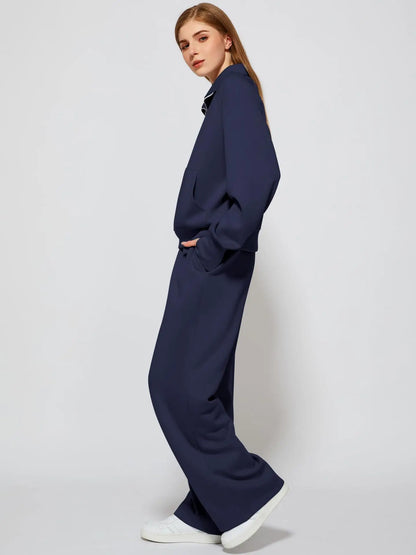 Woman Solid Color Half Zip Long Sleeve Sweatshirt and Wide Leg Pants Set Casual Sporty Two Piece Outfit