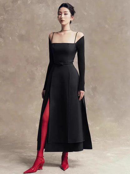 QMQA Fashion Women's Elegant Dresses Off The Shoulder Long Sleeve Split Asymmetric Hem Thin Middle Low Waist Dress New 1A200