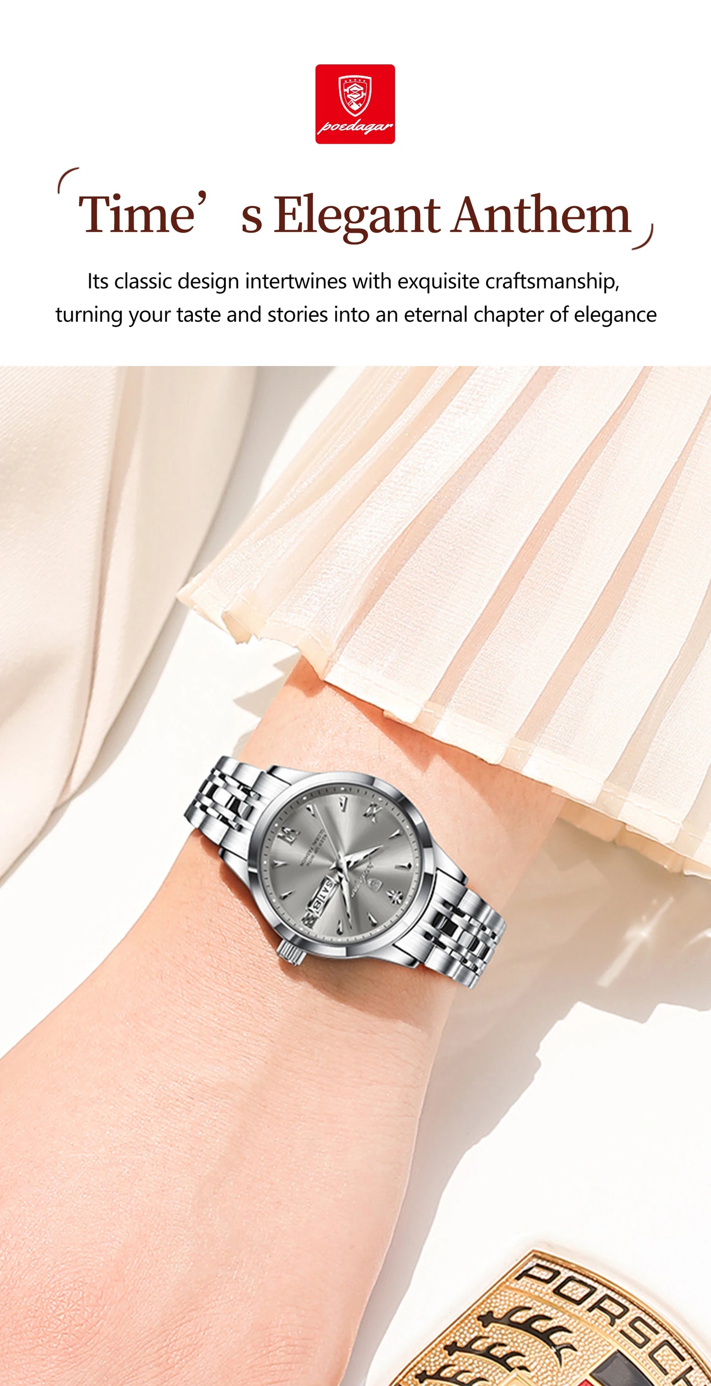 POEDAGAR Elegant Woman Watch Waterproof Luminous Date Week Ladies Wristwatch Stainless Steel Quartz Fashion Women's Watches Gift