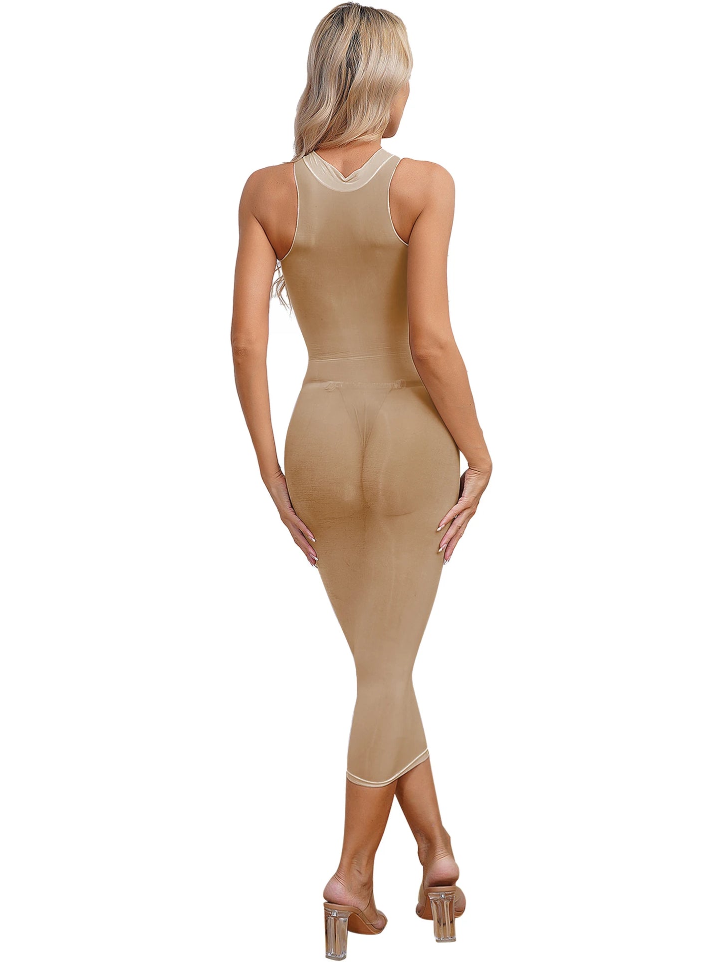 Womens See Though Bodycon Dress Sexy Lingerie Nightwear Long Sleeve Stretchy Glossy Dresses Tempting Party Pole Dancing Clubwear