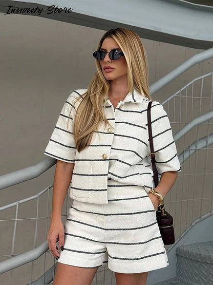 Casual Knitted Striped Shirts Set Women Single-breasted Lapel Half Sleeves Tops Loose High Waist Short 2026 Summer New Lady Suit