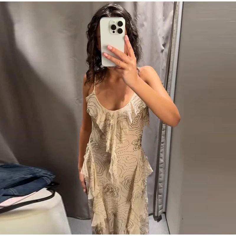 Sexy Sequin Women's Beads Sling Dress Fashion V-Neck High Waist Slim Fit Lady's Dresses Summer Beach Holiday Party Robes