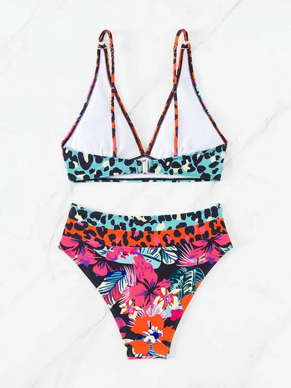 V Neck Bikinis 2024 Women High Waist Swimsuit Print Sexy Swimwear Female Bathers Bathing Swimming Swim Suit Beachwear Summer