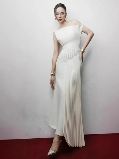 DEAT 2026 Spring Elegant Dress Skew Collar Pleated Design Sleeveless Patchwork High Waist Women's Evening Dresses New 35Z1402