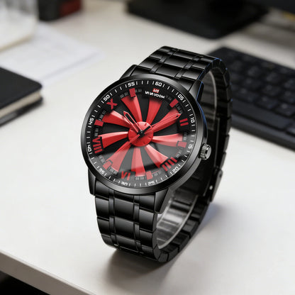 Sports Men Watch 43mm Red Rotating Dial Black Stainless Steel With Quartz Clock Simulation Car Hub 3Bar Daily Waterproof Watches