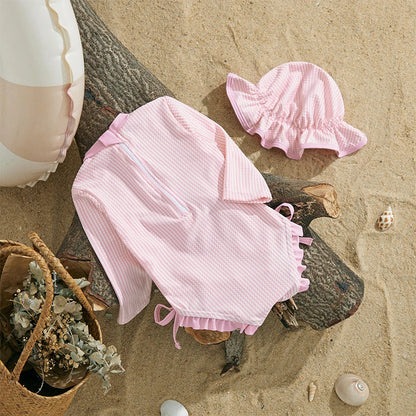 MISOWMNJOY Infant Baby Girls Summer Swimsuit with Hat Toddler Striped Long Sleeve Zipper Bathing Suit Children Beach Swimwear