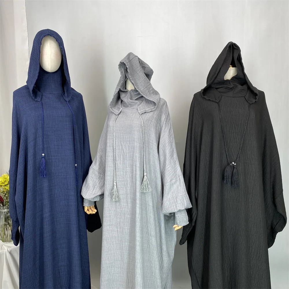 Hot Seller Ramadan Islamic Clothing Wrinkle Polyester Hoodie Abaya Dress With Undercap Muslim Women Abaya Hoodie Causal Dresses
