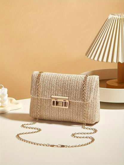 Woven Straw Handwoven Women's Shoulder Bag, Fashion Solid Color Crossbody Purse with Lock Closure