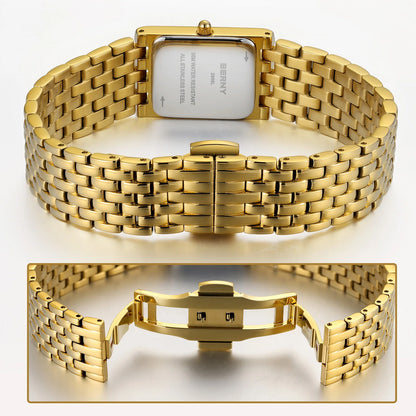 BERNY Luxury Women's Watches Fashion Ladies Square Casual Golden Quartz Watch Solid Stainless Steel Rectangle Girls Wristwatch