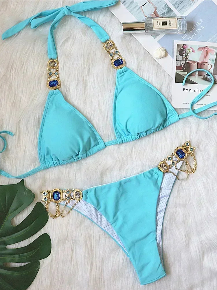 2026 Shiny Rhinestone Diamond Bikini Women Swimsuit Female Swimwear Two Pieces Bikini Set Halter Metal Chains Bathing Suit Swim