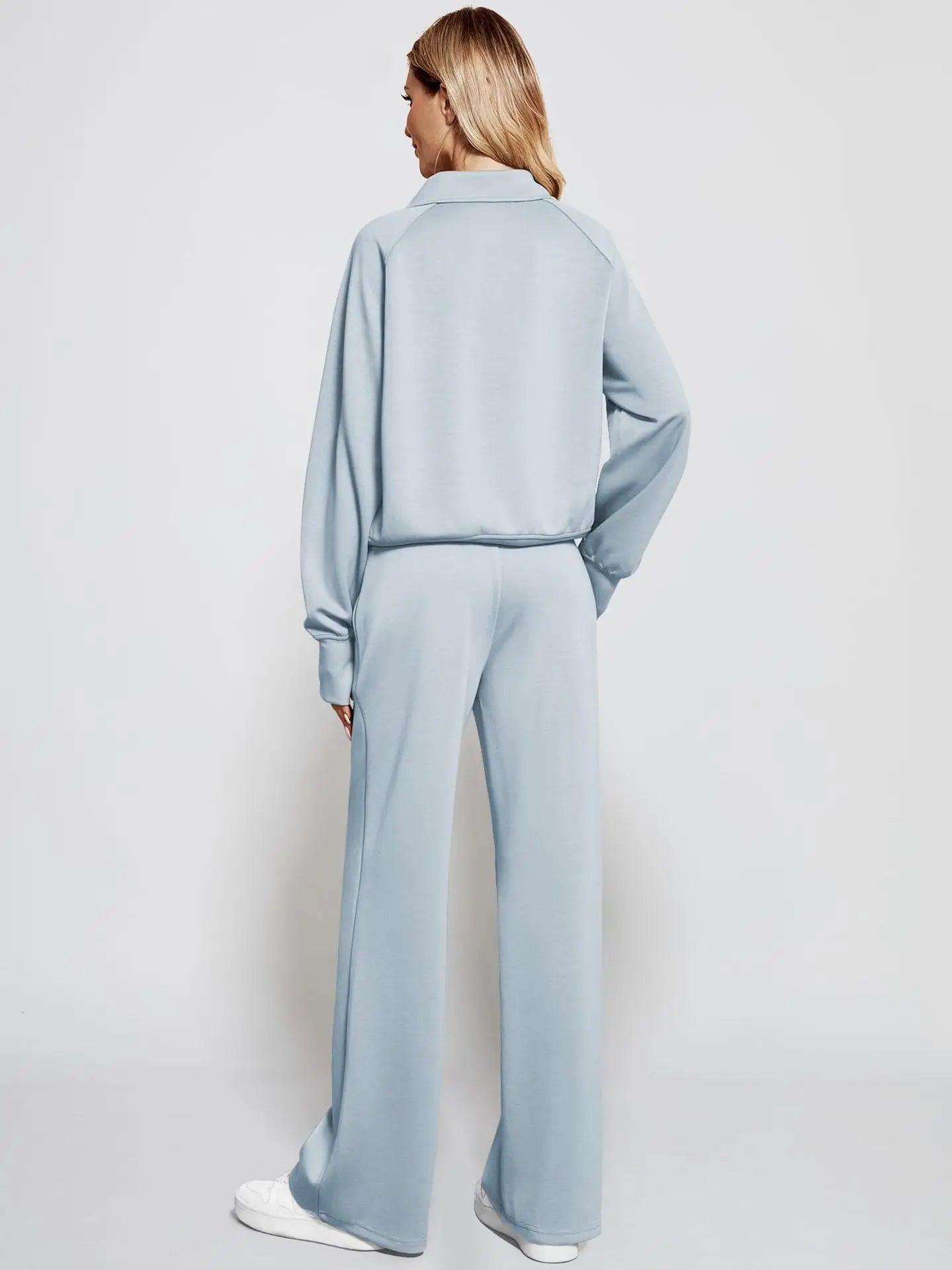 Woman Solid Color Half Zip Long Sleeve Sweatshirt and Wide Leg Pants Set Casual Sporty Two Piece Outfit