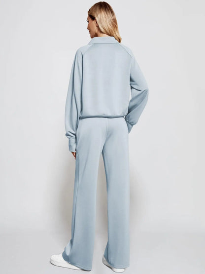 Woman Solid Color Half Zip Long Sleeve Sweatshirt and Wide Leg Pants Set Casual Sporty Two Piece Outfit