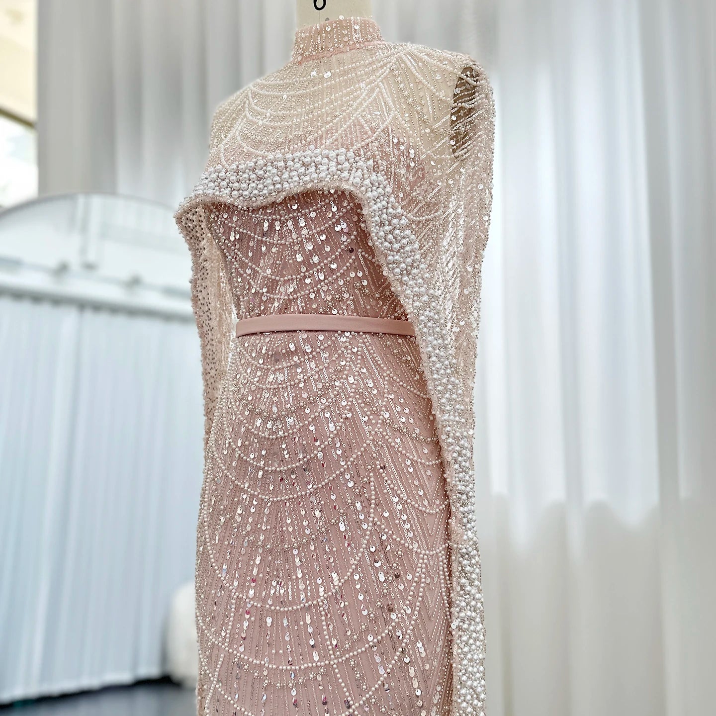 Sharon Said Luxury Pearls Dubai Champagne Evening Dresses with Cape New Arabic Women Mermaid Wedding Party Prom Dress SS369