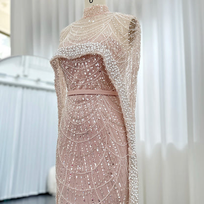 Sharon Said Luxury Pearls Dubai Champagne Evening Dresses with Cape New Arabic Women Mermaid Wedding Party Prom Dress SS369