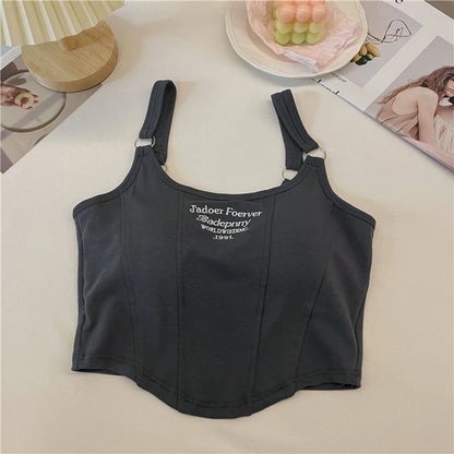 Fashion Embroid Letter Print Crop Tops Women Summer Sexy Streetwear Short Tops Suspenders Sports Tank Top Gym Solid Slim Vest
