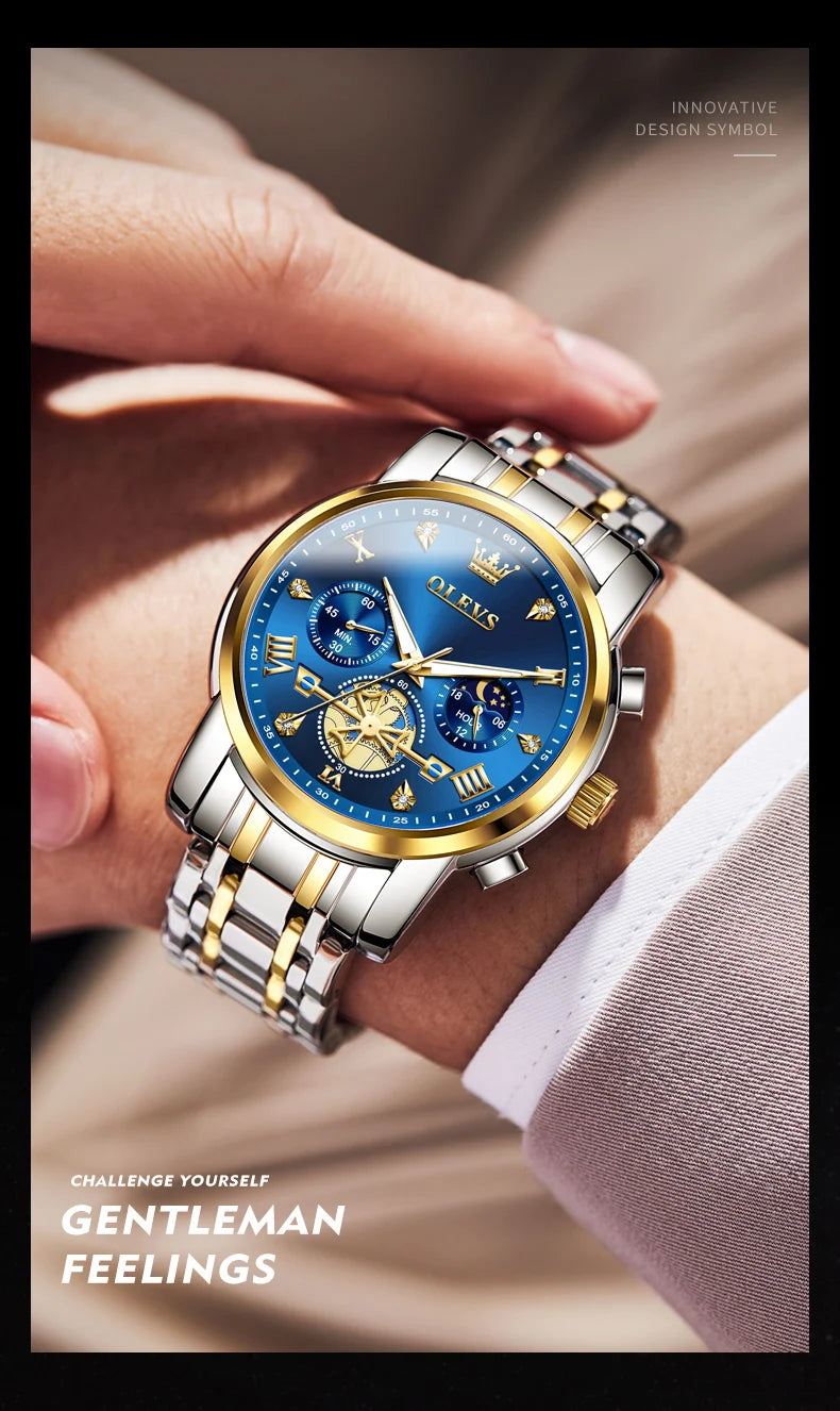 OLEVS 2856 Original Watches Man Multifunctional Chronograph Quartz Watch Waterproof Luminous Moon Phase Watches For Man Reloj
