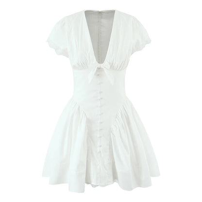 YENKYE Sweet Cute White Mini Dress For Pretty Girl Elegant A-line Bow V Neck Summer Dresses Party Robe Vacation Vestidos 2025