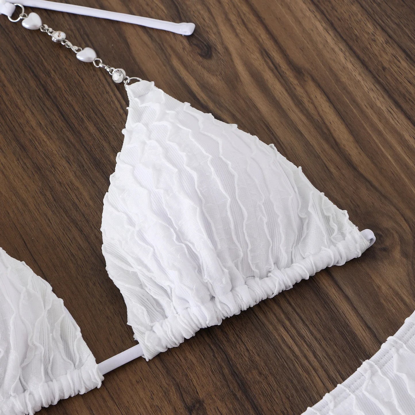 Sexy Mesh Long Sleeve Cover Up 3 Piece Bikini Set 2025 Swimwear Women White Pearls Strap Push Up High Waist Holiday Swimsuit