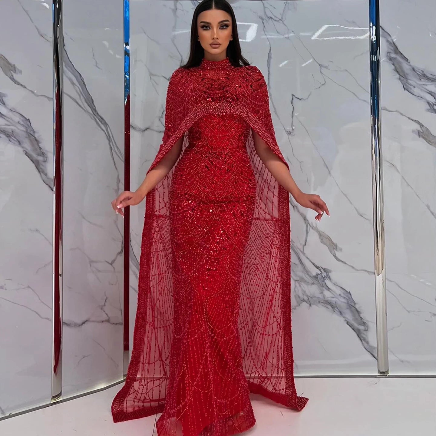 Sharon Said Luxury Pearls Dubai Champagne Evening Dresses with Cape New Arabic Women Mermaid Wedding Party Prom Dress SS369