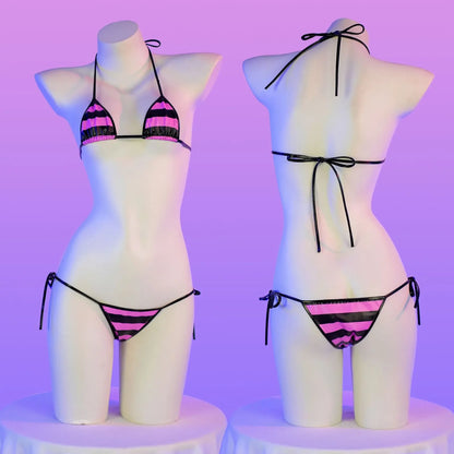 Summer PU Leather Micro Bikini Set Women Swimsuit Stripes Bright Anime Swimwear Erotic Underwear Sexy Lingerie Costume