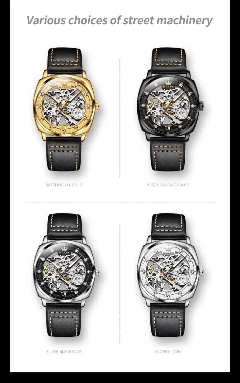 OLEVS 6651 Transparent Hollow Automatic Watches for Men Leather Strap Tonneau PUNK Style Mechanical Writwatch Luxury Man Watch