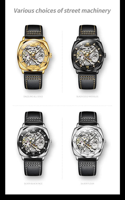 OLEVS 6651 Transparent Hollow Automatic Watches for Men Leather Strap Tonneau PUNK Style Mechanical Writwatch Luxury Man Watch