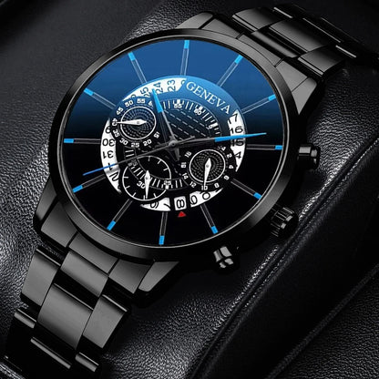 2PCS Men Business Watches Fashion Steel Band Male's Analog Quartz Watch Leather Bracelet Set Reloj Hombre（Without Box