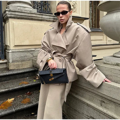 Solid Lapel Belted Windbreaker Chic Full Sleeve Button Loose Long Coat For Women 2025 New Office Lady Daily Commute Overcoats