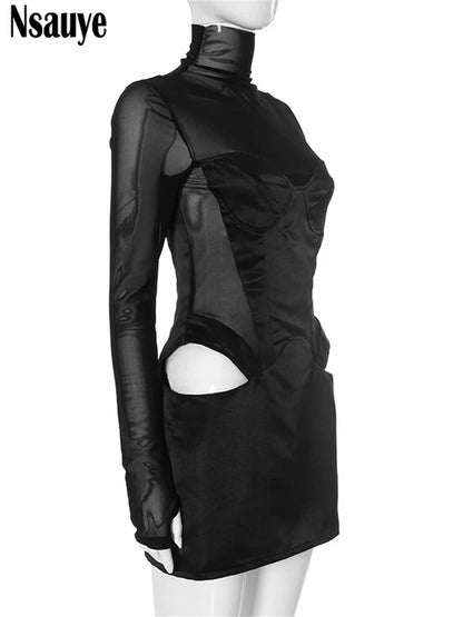 Nsauye Pullover Sexy Women Mesh Turtleneck Long Sleeve Satin Cut Out Dress Bodycon Short Club Evening Fashion Party Dress 2024
