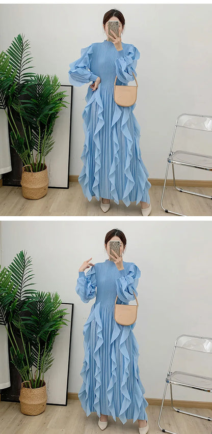 Fashion Ruffles Pleated Dress Women Round Neck Flare Sleeves Solid Maxi Belt Dresses Party 2025 Autumn New
