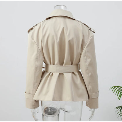 Solid Lapel Lace Up Trench Coat Women Fashion Full Sleeve Waist Cinching Short Windbreak New Autumn Office Commute Outwear 2026