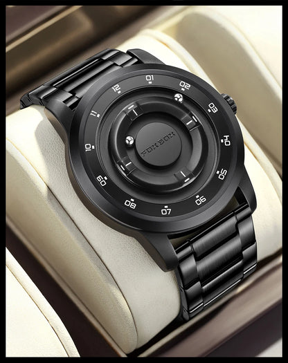 FOXBOX Personalized Mens Watches Creative Simple Floating Magnetic Pointer Quartz Wristwatch Steel Waterproof Watch for Man