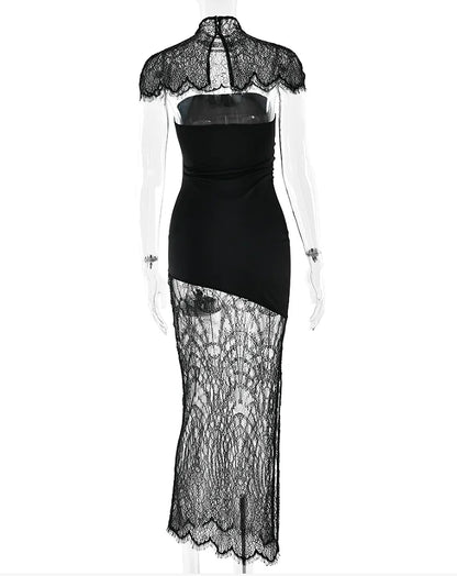 Cape Shawl Strapless Long Dress Women Sexy Solid Patchwork Lace Pleated Slim Maxi Dresses 2026 Lady Evening Party Vestidos New