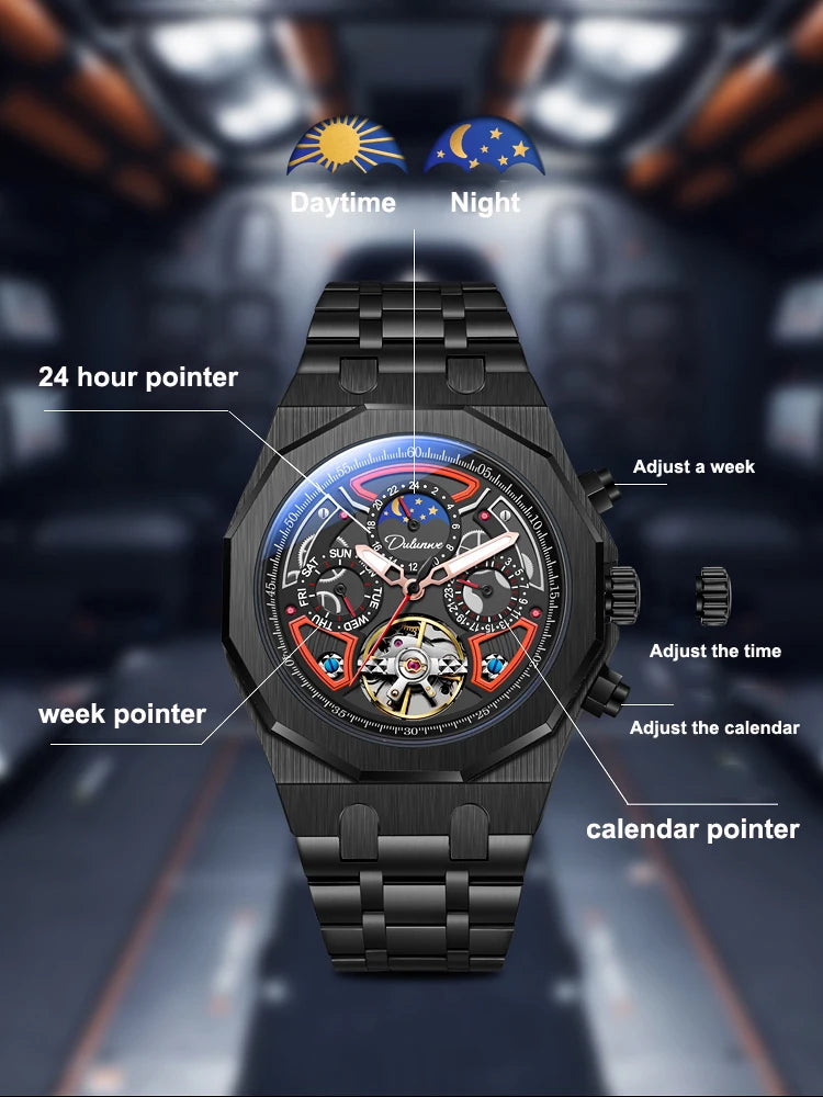 Luxury Tourbillon Watches Men Fashion Sport Rubber Strap Moon Phase Date Waterproof Automatic Mechanical Wrist Watch Man Reloj