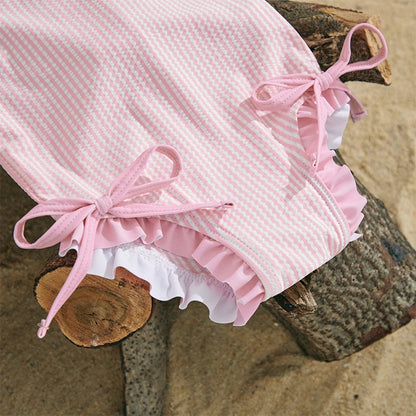 MISOWMNJOY Infant Baby Girls Summer Swimsuit with Hat Toddler Striped Long Sleeve Zipper Bathing Suit Children Beach Swimwear