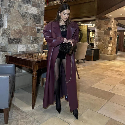 Street Pu Leather Women Long Coat Y2K Solid Belt Lapel Pocket Full Sleeve Female Jacket 2025 Autumn Winter Lady Outwear New