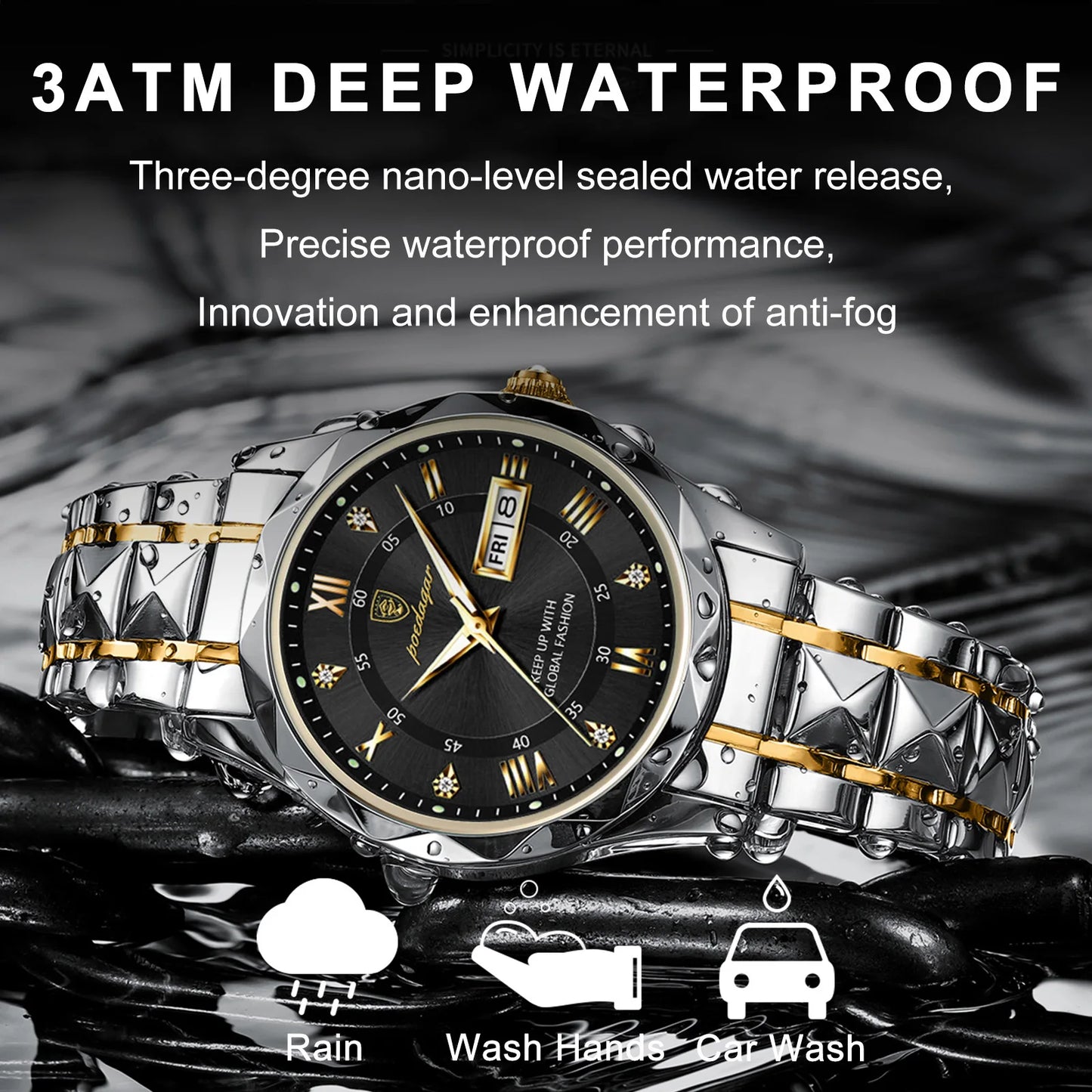 POEDAGAR Top Classic Men's Quartz Watches Waterproof Luminous Stainless Steel Man Wristwatch Date Week Original Men Watch Reloj