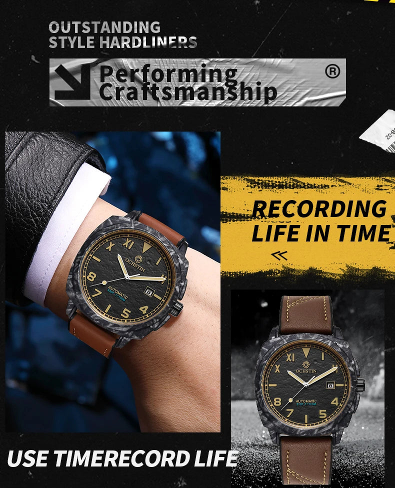 OCHSTIN Men's Automatic Mechanical Movement Watches Man Leather Strap Wristwatch Waterproof Master Series Luminous Hand Watch