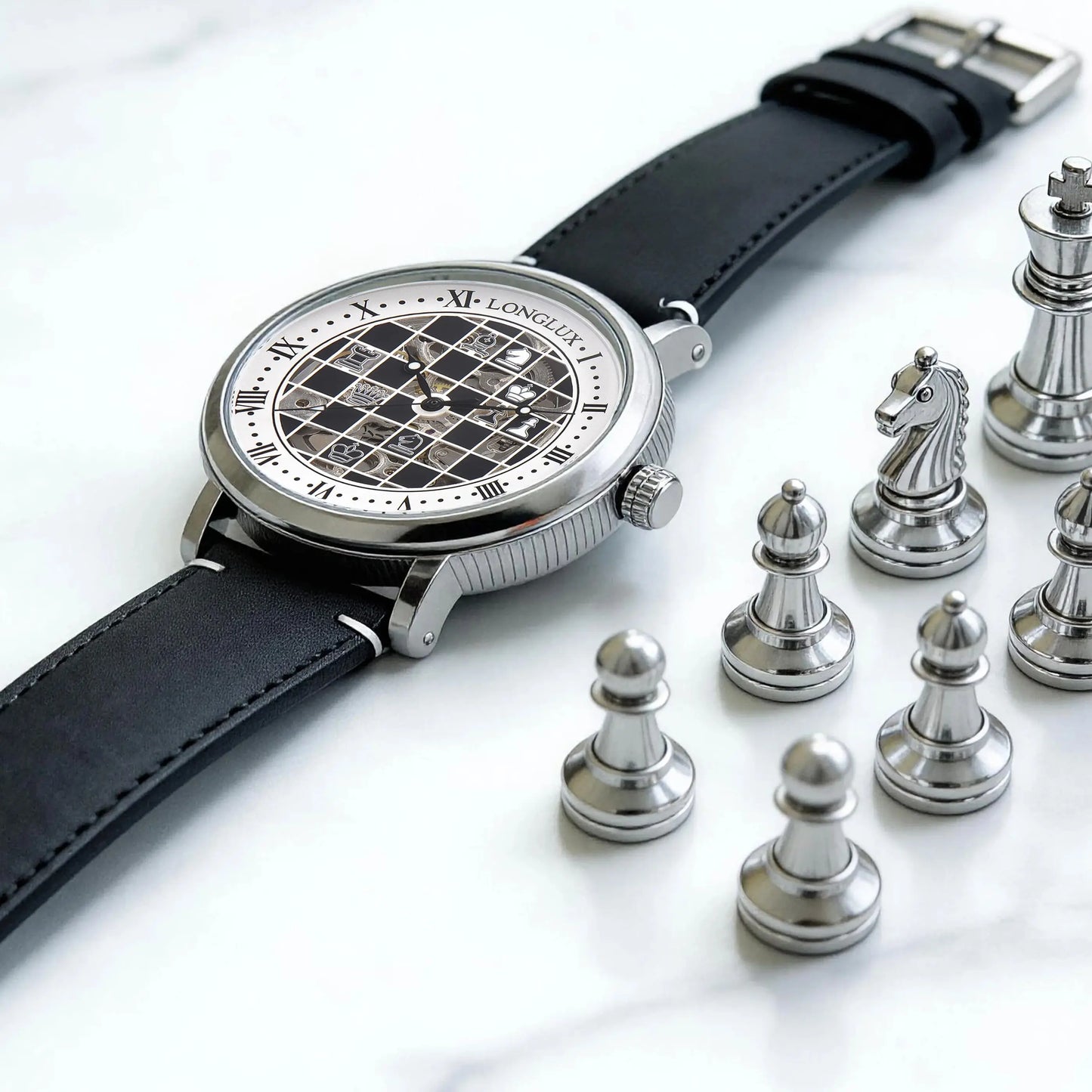 Men automatic watch chess checjerboard mechanical watches waterproof vintage business luminous skeleton leather gift for you